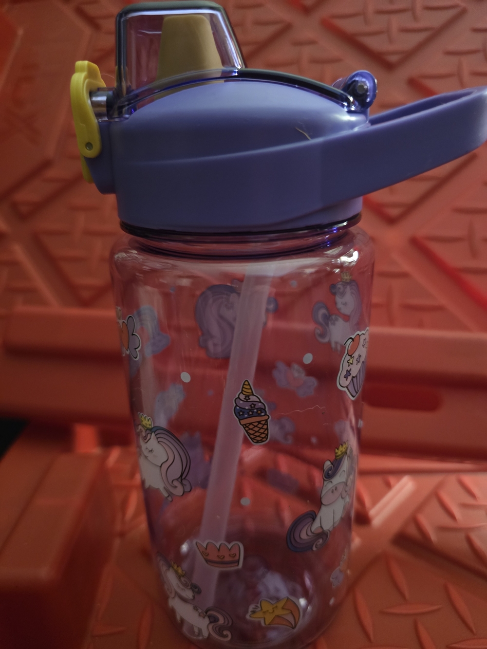 NWOT- Unicorn Print 12  Oz. Kids Water Bottle -Locking Purple Lid, Yellow Accent